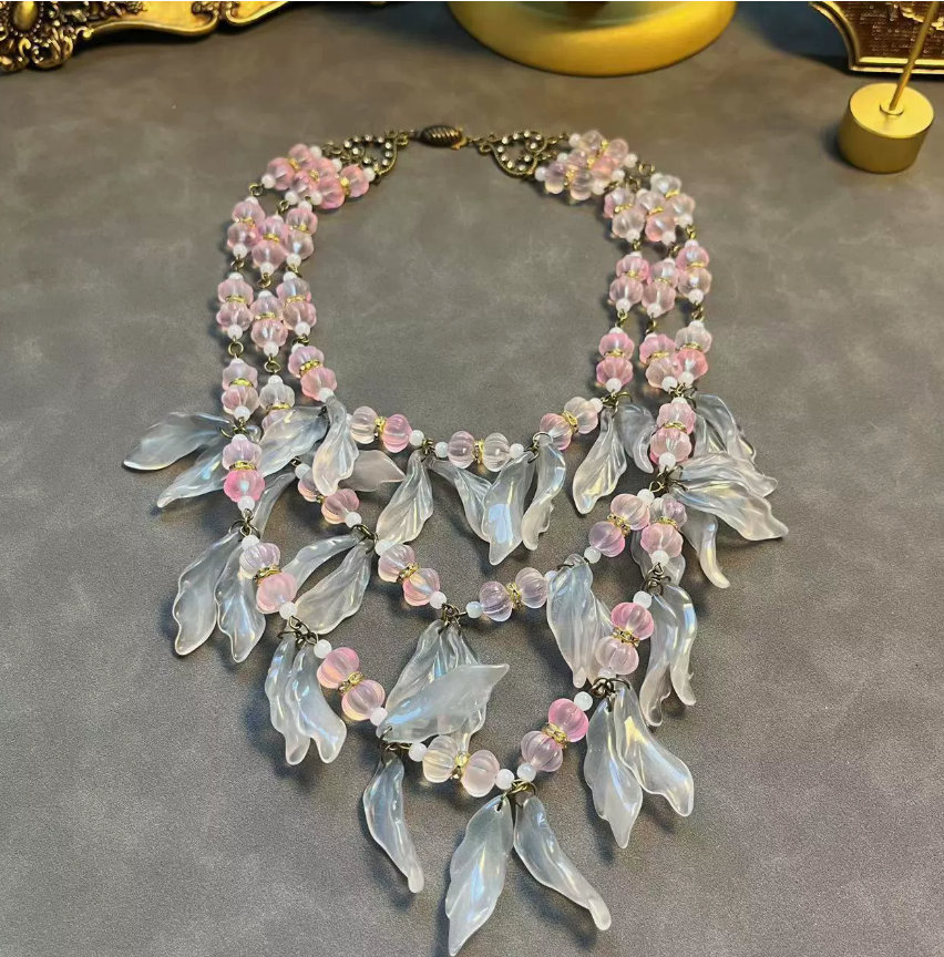 Vintage French-Inspired Beaded Multi-Layer Necklace & Earrings with Petal Tassel Design