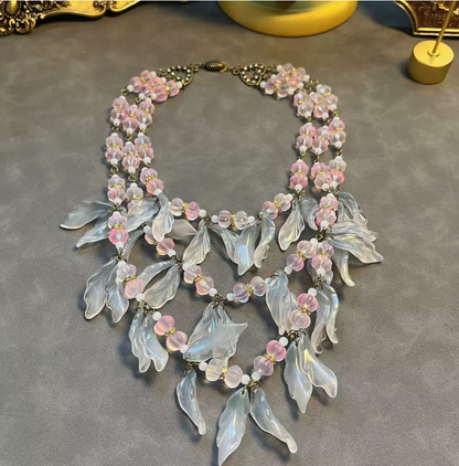 Vintage French-Inspired Beaded Multi-Layer Necklace & Earrings with Petal Tassel Design