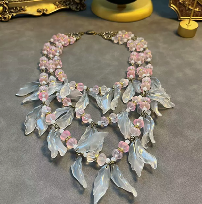 Vintage French-Inspired Beaded Multi-Layer Necklace & Earrings with Petal Tassel Design