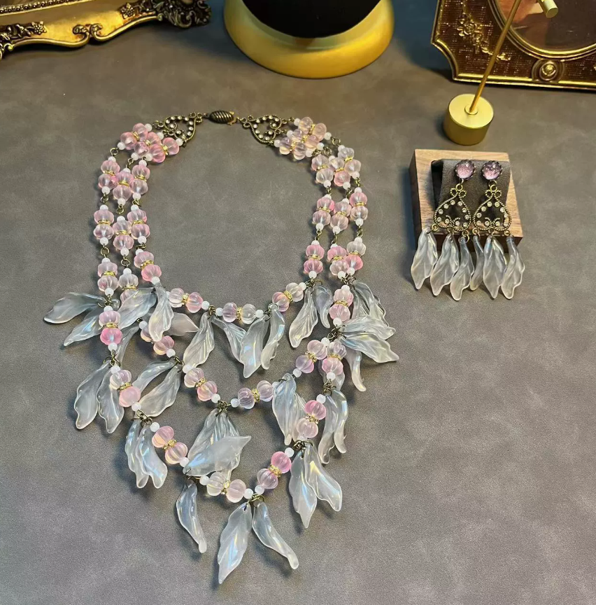 Vintage French-Inspired Beaded Multi-Layer Necklace & Earrings with Petal Tassel Design