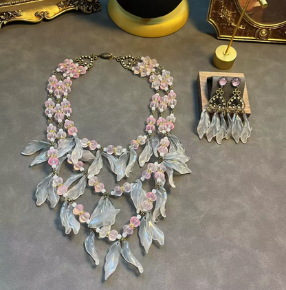 Vintage French-Inspired Beaded Multi-Layer Necklace & Earrings with Petal Tassel Design