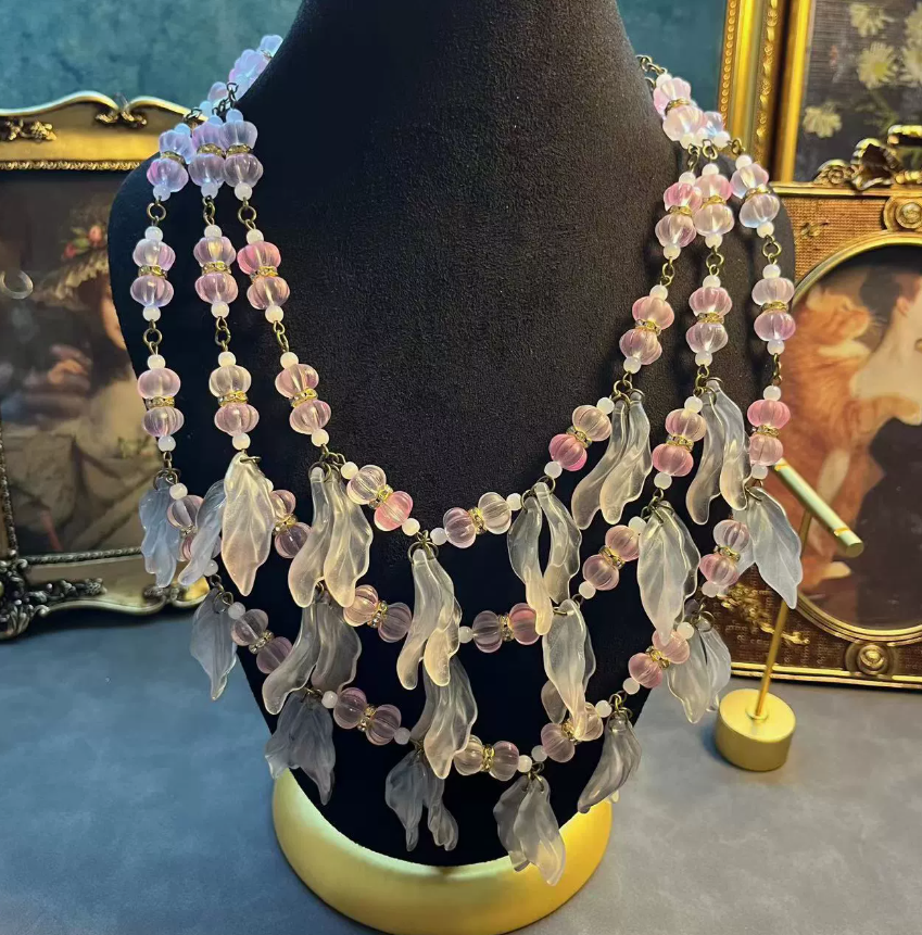 Vintage French-Inspired Beaded Multi-Layer Necklace & Earrings with Petal Tassel Design