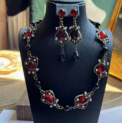 Vintage Red Glass Necklace & Teal Rhinestone Bracelet & Earrings Set – Retro European-Inspired Jewelry