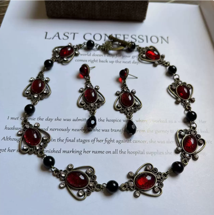 Vintage Red Glass Necklace & Teal Rhinestone Bracelet & Earrings Set – Retro European-Inspired Jewelry