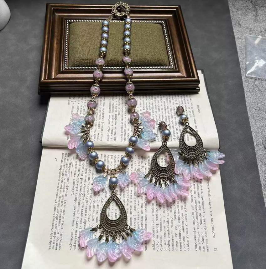Vintage Handmade Pink Leaf & Purple Floral Glass Necklace & Earrings Set – Statement Tassel Jewelry