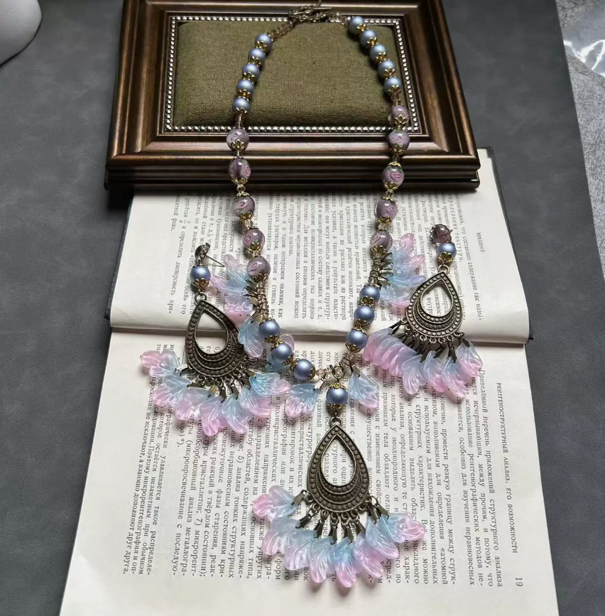 Vintage Handmade Pink Leaf & Purple Floral Glass Necklace & Earrings Set – Statement Tassel Jewelry