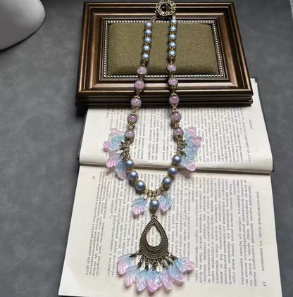 Vintage Handmade Pink Leaf & Purple Floral Glass Necklace & Earrings Set – Statement Tassel Jewelry