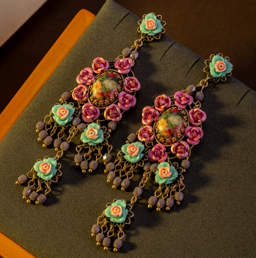 Vintage-Inspired Floral Drop Earrings – Handmade Statement Long Earrings