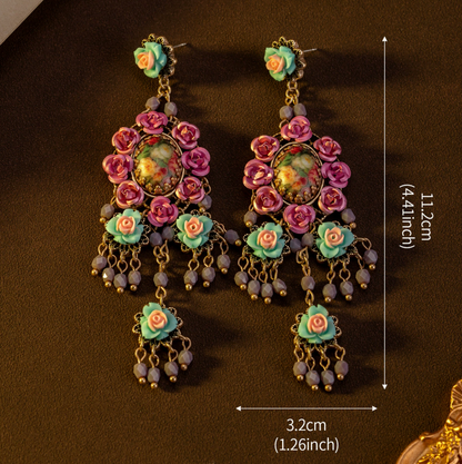 Vintage-Inspired Floral Drop Earrings – Handmade Statement Long Earrings
