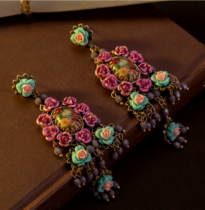 Vintage-Inspired Floral Drop Earrings – Handmade Statement Long Earrings