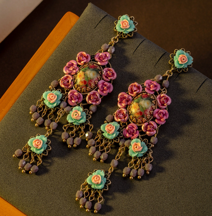 Vintage-Inspired Floral Drop Earrings – Handmade Statement Long Earrings