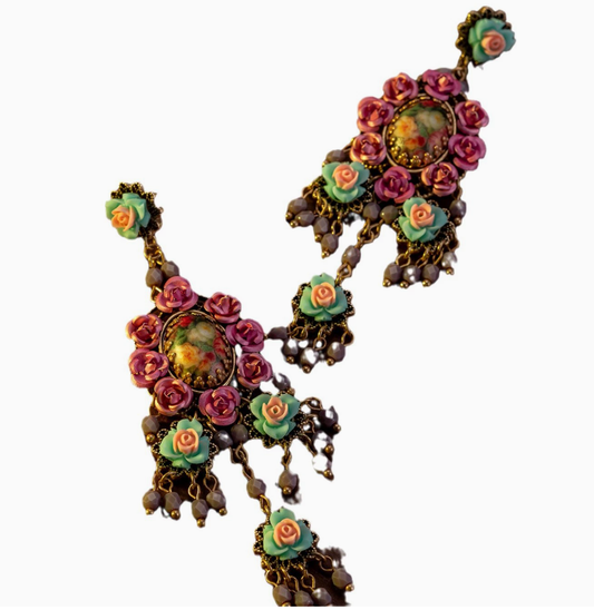 Vintage-Inspired Floral Drop Earrings – Handmade Statement Long Earrings